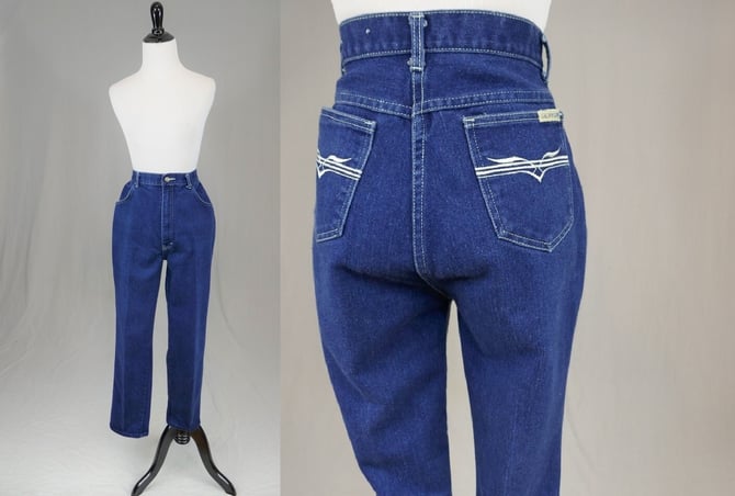 80s Glory Days Jeans - 29 waist - High Rise Waisted - Embroidered Back Pockets - Vintage 1980s - 28.75" inseam, hemmed 