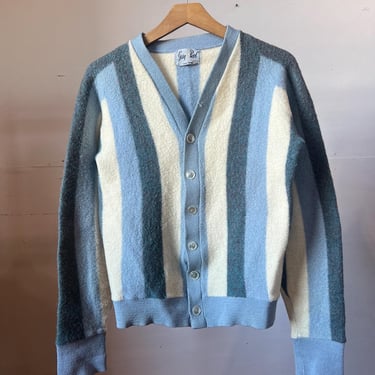 Small, Vintage 1960s Striped Wool Cardigan Sweater, Blue, Gary Reed, S2 