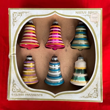 vintage Shiny Brite ornaments 1960s mica mercury glass striped bells in box 