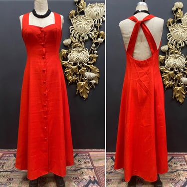 1980s dress, low back dress, vintage midi dress, red maxi dress, medium, Laura Michelle, twist back, criss cross, classic sundress, 1990s 