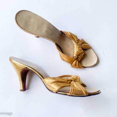 1950s Gold Leather Slide Heels | 50s Gold Peep Toe Heels | I. Magnin & Co | US 8N UK 6 EU 38-39 