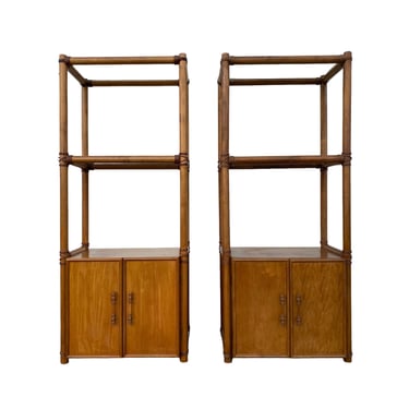 Set of 2 Bamboo Etagere Bookcase Cabinets with Smoked Glass Shelves - Vintage Coastal Hollywood Regency Palm Beach Boho Chic Book Shelf Pair 