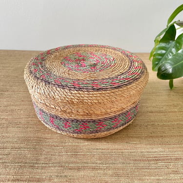 Vintage Small Striped Round Woven Basket with Lid - Hand Made Trinket Storage 