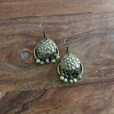 Chandelier earrings, hammered bronze and jadeite 