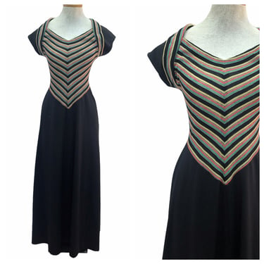 Vintage VTG 1970s 70s Black Chevron Stripe Open Back Maxi Dress 