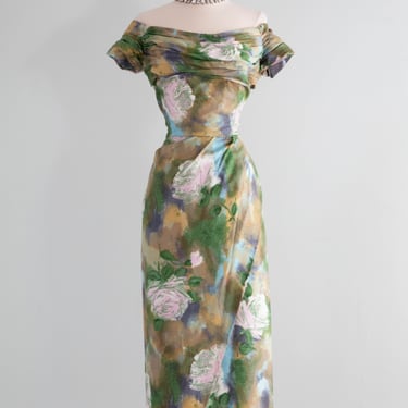 Stunning 1950's Cotton Rose Print Dress Attributed to Ceil Chapman / Medium