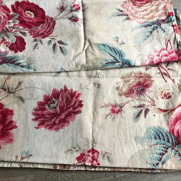19th C French Floral Print Cotton, Faded Roses, Historical French Textiles, Quilting Fragments, Period Projects, As Is 