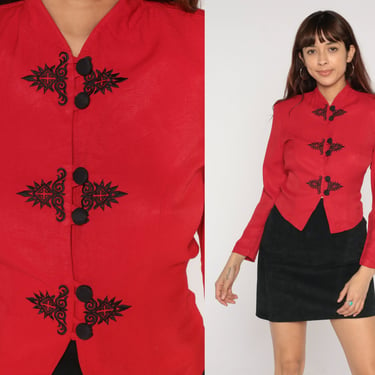 Red Blazer Jacket 90s Asian Inspired Embroidered Button Up Jacket Fitted Business Formal Party Professional Cocktail Vintage 80s Medium M 