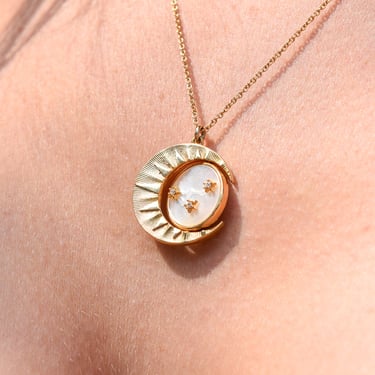 Mother Of Pearl Crescent Moon Pendant Necklace, Reversible Swivel Disc, CZ Diamonds, Gold-Plated Brass, 18