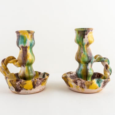 Williamsburg Handmade Drip Glaze Pottery Candlesticks with Finger Loop, Vintage Pair of Multicolored Ceramic Chambersticks Twisted Handle 