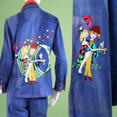 Epic 1970s Valentine's pantsuit vintage embroidered hippie mod top/jacket bell bottom high rise kitchy couple graphics dagger collar (w28) 