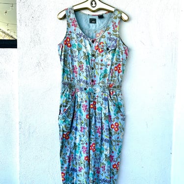 Vintage 80s 90s Denim Jumpsuit // 1980s 1990s Floral Jeans One Piece Romper 