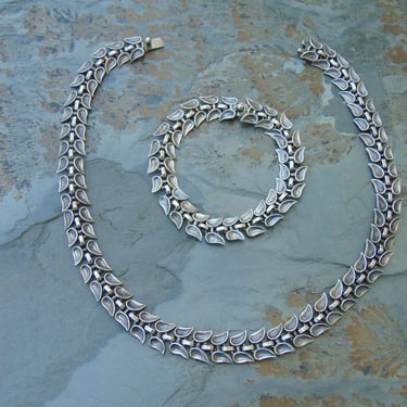 Hilario Lopez ~ Vintage Taxco Sterling Silver Parure Paired Leaf Link Choker Necklace and Bracelet Set 