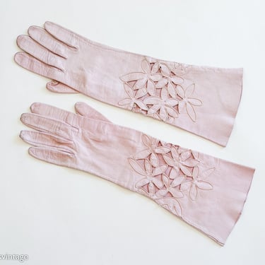 1950s Long Pale Pink Leather Gloves | 50s Pink Long Leather Vintage Gloves | France | Size 7 