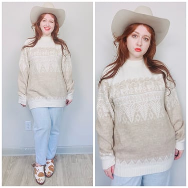 1990s Vintage Cream and Khaki Alpaca Knit Sweater / 90s Cozy Oversized Llama Print Jumper / Medium - XL 