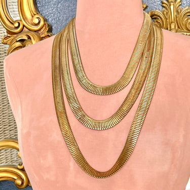 Statement Necklace, Triple Layer Serpentine, Flat Lay Chain, Vintage 70s 80s 