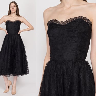 XS-Sm 80s Black Lace Strapless Party Dress | Vintage Fit & Flare Gothic Formal Midi Dress 