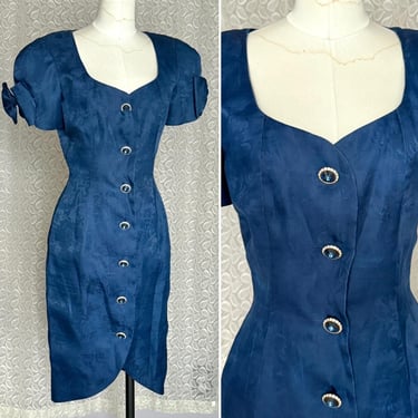 FABULOUS 80s Cocktail Dress, All Silk, Big Bling Buttons, Sheath, Bows on Sleeves, Navy Embossed Silk, Vintage 