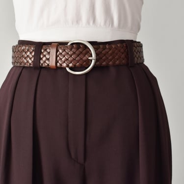 Vintage Dark Brown Braided Leather Belt With Round Silver Buckle, 29-32 Inch Waist 