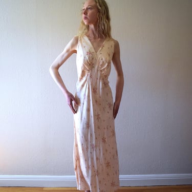 1930s floral silk bias cut gown . vintage slip dress . size xl to xxl 