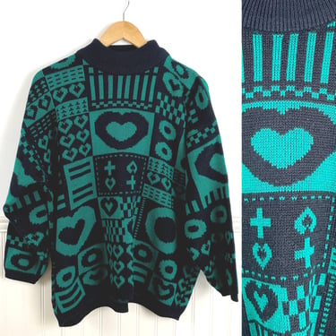 1980s acrylic black and jade patterned sweater by Stefano International -  size L 