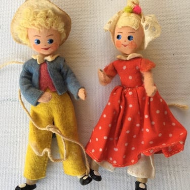 Mini Cloth Dolls, Tiny Town Look, Blonde Boy Felt Suit, Blonde Girl In Red Polka Dot Dress, Felt Bodies, Scandinavian, Vintage Dolls 