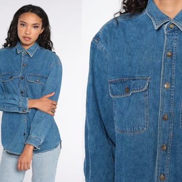 Blue Denim Shirt 90s Shirt Jean Shirt Button Up Top Vintage 1990s Long Sleeve Blue Oxford Shirt Men's Medium 