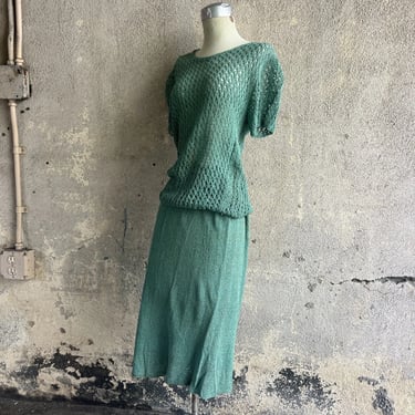 Vintage 1930s Aqua Blue Crochet Dress Set Rayon Maxi Knit Knitwear Slinky 1940s