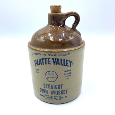 McCormick Whiskey Jug, "Aged in the Hills of Platte Valley", "Straight Corn Whiskey", 1973, Ceramic Pottery  Liquor Bottle, Vintage, Retro 