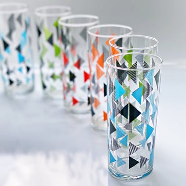 MCM Mid century modern vintage drinking glasses Fun colorful glassware Geometric atomic design tumblers 