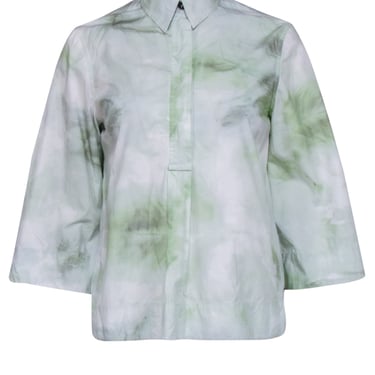 Ganni - Green &amp; Cream Tie Dye Quarter Button Front Shirt Sz 2