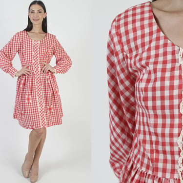 Patchwork Red White Plaid Dress, Plus Size Gingham Print, Vintage Womens Picnic Sundress 