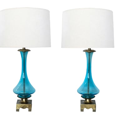Pair Teal Clear Glass Lamps