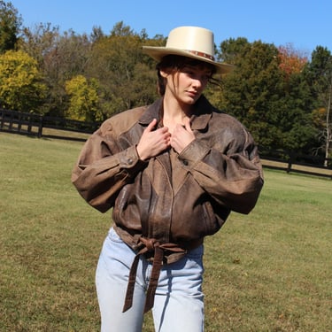 Vintage Pebbled Leather Belted Bomber Jacket