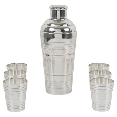 French Art Deco Barware Silver Plate Cocktail Shaker and six Glasses