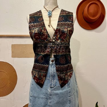 Vintage 90s Silky Printed Button Front Fitted Vest USA Made Medium 