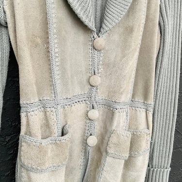 Grey Leather and Knit Belted Cardigan