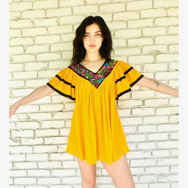 Hand Embroidered Mexican Blouse // vintage embroidered floral boho hippie mini dress tunic hippy 70s 70's 1970s 1970's yellow // O/S 