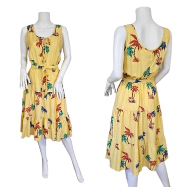 1980's Yellow Rayon Tropical Palm Tree Print Sleeveless Sun Dress I Sz Lrg I Items California 