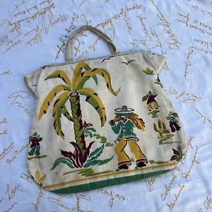Vintage 1930s Figural Novelty  Print Purse Bag Palm Trees People Handbag Cotton