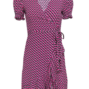 Diane von Furstenberg - Pink, Black & White Print Short Sleeve Wrap Dress Sz XS