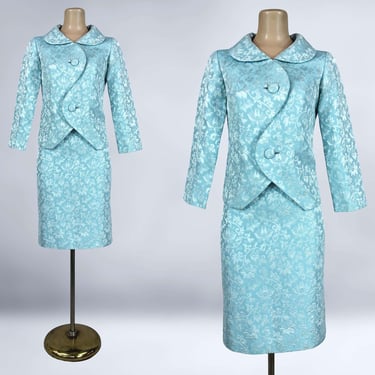 VINTAGE 60s Aqua Blue Brocade Skirt Suit by Sue Gail Inc. | 1960s Jackie O Skirt and Scalloped Jacket Set | VFG 