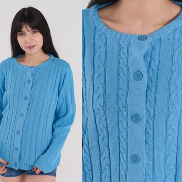 Blue Cardigan 80s Button Up Cable Knit Sweater Retro Ribbed Knit Sweater Bohemian Grandma Acrylic Cableknit Vintage 1980s Medium M 
