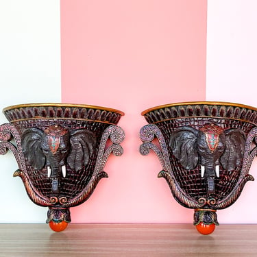 Pair of Painted Wood Elephant Wall Shelves