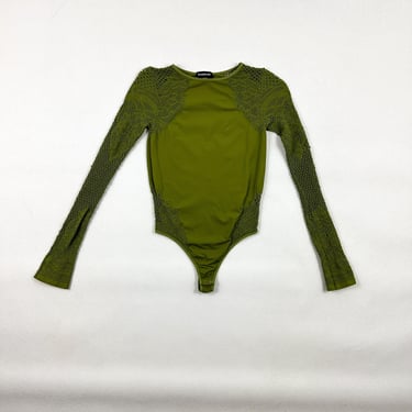 y2k Bebe Olive Green Stretch Bodysuit With Lace Cut Out Details / Made in USA / Small / Thong / Net / Mesh / S / 00s / Micro Mesh / 1990s / 