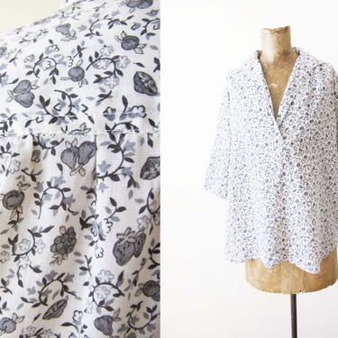 Vintage 70s Black White Fruit Toile Print Trapeze Blouse M - 1970s Boho Cottage Relaxed Fit Shirt 