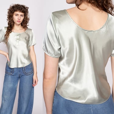 90s Mint Green Liquid Satin Henley Top Medium | Vintage Pastel Short Sleeve Slouchy Shiny Pajama Shirt 