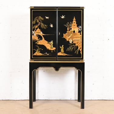Baker Furniture Hollywood Regency Chinoiserie Black Lacquered and Gold Gilt Hand Painted Bar Cabinet