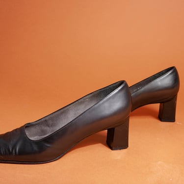 90s Black Leather Designer Slip On Flats Vintage Stuart Weitzman Square Heels 