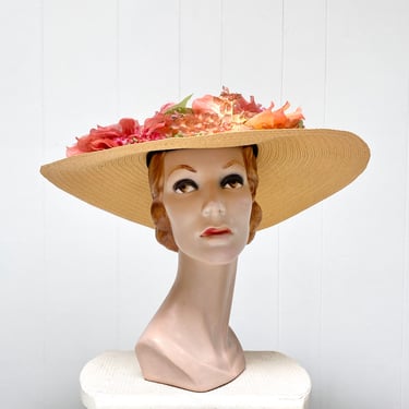 Vintage 1950s Wide Brim Picture Hat, Finely Woven Natural Straw w/Large Silk Flowers, New York Creation by Noreen, Garden Party Wedding 